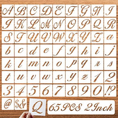 2 Inch Letter Symbol Stencils for Painting on Wood, 65 Pcs Alphabet Drawing Templates with Calligraphy Large Font and Cursive Letters Numbers Signs, Reusable Plastic Art Craft Stencils - size: 2 Inch