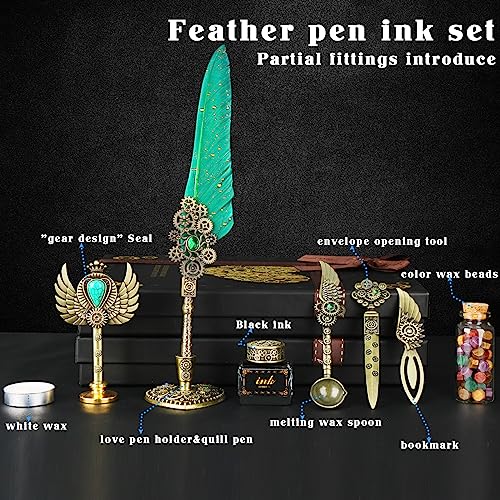 Aifeiter Quill Pen Ink Set, Feather Calligraphy Pen, Wax Seal Stamp, Beautiful Gift Calligraphy Set, Christmas Gifts - Green - color: White