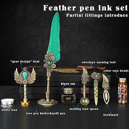 Aifeiter Quill Pen Ink Set, Feather Calligraphy Pen, Wax Seal Stamp, Beautiful Gift Calligraphy Set, Christmas Gifts - Green - color: White