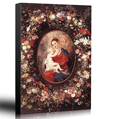 wall26 - Oil Painting of The Virgin and Child in a Garland of Flower by Peter Paul Rubens in 1621 - Baroque Style - Catholic - Canvas Art Home Art - 12x18 inches - color: 22. the Virgin and Child in a Garland of Flower, size: 18"L x 12"W