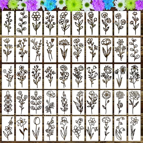 50 Pcs Small Flower Stencils for Painting on Wood,6 "Reusable Floral and Leaf Stencils for Wall Paper,Scrapbooking,Canvas Fabric,Card Making,Pottery,Plastic Boxes - color: Small Flower(50Pcs)