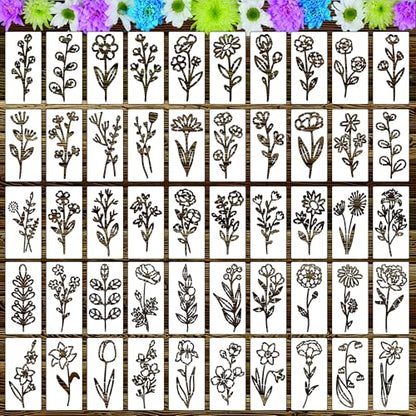 50 Pcs Small Flower Stencils for Painting on Wood,6 "Reusable Floral and Leaf Stencils for Wall Paper,Scrapbooking,Canvas Fabric,Card Making,Pottery,Plastic Boxes - color: Small Flower(50Pcs)