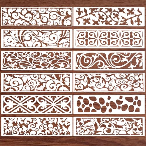 12 Pcs Border Stencils for Painting Retro Leaf Stencil Template Reusable Furniture Cake Decorative Stencils Borders for DIY Wood Craft Canvas Fabric - style: Retro Style
