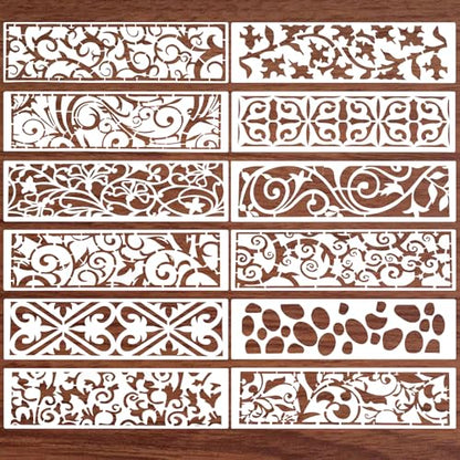 12 Pcs Border Stencils for Painting Retro Leaf Stencil Template Reusable Furniture Cake Decorative Stencils Borders for DIY Wood Craft Canvas Fabric - style: Retro Style
