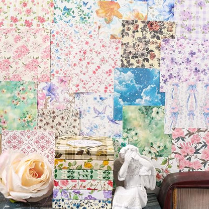 600 Sheets Vintage Floral Scrapbook Paper, 3x3 Inch Journaling Craft Paper