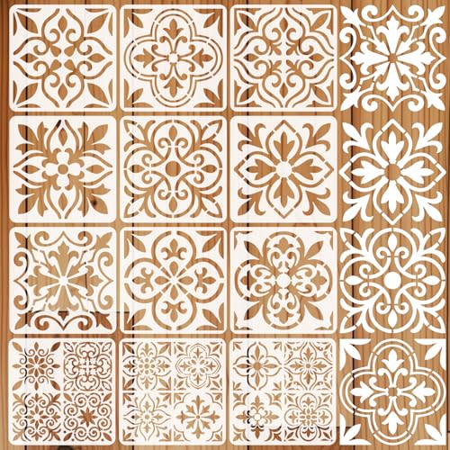 12 Pcs Spanish Tile Stencil Set Talavera Tile Painting Stencil for Wall 11.8x11.8 Inches Reusable Tile Floor Stencils Kit Floral Folk Mexican Stencils for Brick Wood Nursery Living Room