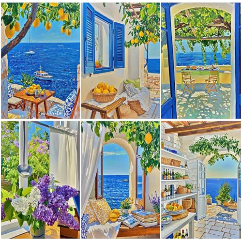 DOTZSO 6PCS Seaside Diamond Painting Art Kits for Adults Beginner 12x16 in | 5D Full Drill Resin, Landscape Pattern, Fits All Ages, Leisure Craft, Stress Relief, Wall/Shelf Display, All-Occasion Gift - color: AAB1 Seaside