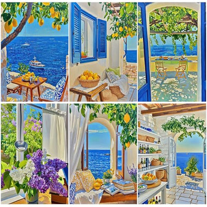 DOTZSO 6PCS Seaside Diamond Painting Art Kits for Adults Beginner 12x16 in | 5D Full Drill Resin, Landscape Pattern, Fits All Ages, Leisure Craft, Stress Relief, Wall/Shelf Display, All-Occasion Gift - color: AAB1 Seaside