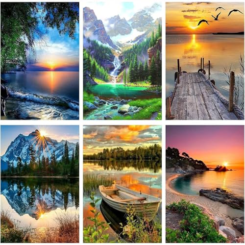 AOSGEDY 6 Pack Paint by Numbers for Adults Kids Beginner, Adult DIY Landscape Oil Painting for Home Wall Decor 12X16 Inch - color: Multicolor