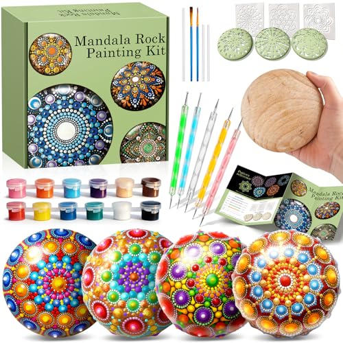 Mandala Rock Painting Kit - Mandala Dotting Tools Kit - 5 Large Wooden Rocks for Painting with 6 Stencil Supplies, Dotting Tools for Painting - Dot Art and Crafts for Adults Women - Mothers Day Gift