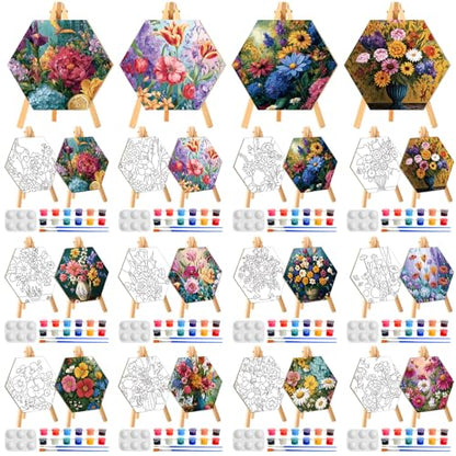Watersay 12 Set Kids Pre Drawn Canvas for Painting Kit 12 Pcs 6" x 6" Floral Printed Pre Drawn Canvas, Easels, Palette, Paint Pot, 24 Brushes Kid Paint Party Favor for DIY Classroom Craft Activities - style: Floral