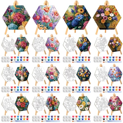 Watersay 12 Set Kids Pre Drawn Canvas for Painting Kit 12 Pcs 6" x 6" Floral Printed Pre Drawn Canvas, Easels, Palette, Paint Pot, 24 Brushes Kid Paint Party Favor for DIY Classroom Craft Activities - style: Floral