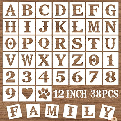 12 Inch Letter Stencils and Numbers, 38 Pcs Alphabet DIY Craft Stencils, Reusable Plastic Drawing Templates for Painting on Wood, Wall, Fabric, Rock, Floor, Signage, Door Porch - size: 12 Inch