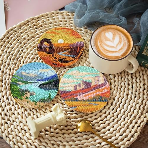 Clendo 8 Pcs National Park Diamond Art Coasters Kit with Holder,Small Landscape Diamond Art Kits for Adults Beginners, Diamond Painting Coasters Arts and Crafts Kits - color: Jxbd107-us