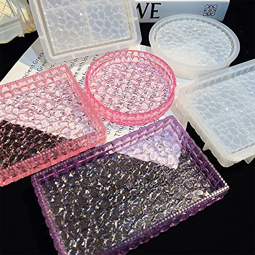 3PCS Diamond Resin Tray Mold with Edges, Silicone Tray Molds for Resin Casting, Square Rectangle Round Epoxy Mold DIY Jewelry Plate Box Candle Holder Container Art Craft Making Supplies - color: 3pc Diamond Trays