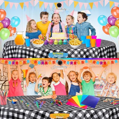 Grandipity Plastic Table Cloth Disposable 12 Pack 84" Round Gingham | Plastic table covers, durable disposable tablecloths, fade and tear-resistent table cover for party, event - color: Black Gingham, size: 84in. Round