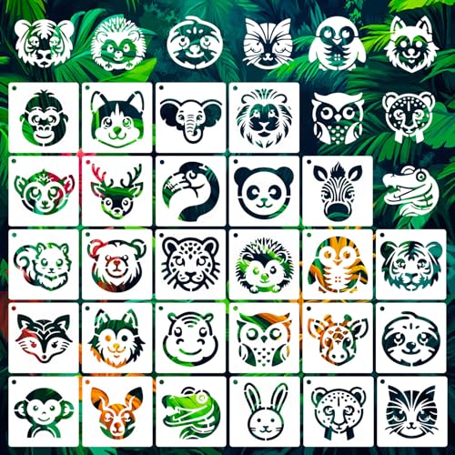 27 PCS Animal Head Stencils for Painting, 3x3 Inch Reusable Plastic Paint Templates for Painting on Wood, Animal Theme Drawing Stencils for Wall Furniture Fabric Paper Art Scrapbooks DIY Crafts - color: 27P/Animal Head