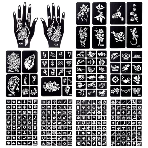 Koogel 281PCS Semi Permanent Tattoo, 12 Sheets Henna Women Tattoo Stencil Temporary Stickers for Face Paint Body Art - color: Black3