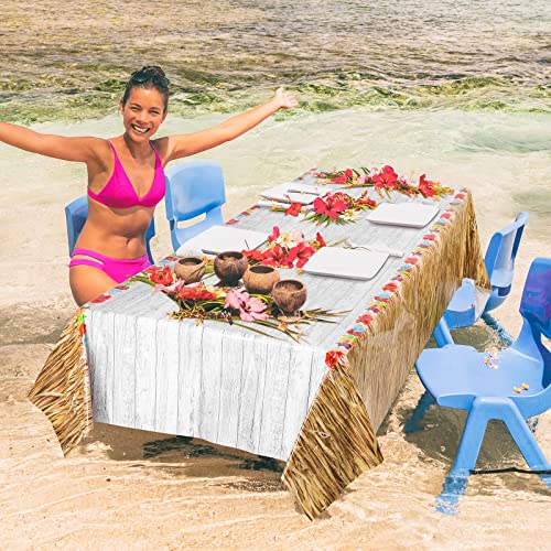 durony 2 Pack Hawaii Plastic Tablecloth Hawaiian Brown Grass Tablecloth Table Cover 54 x 108 Inches Waterproof Hawaii Flowers Tablecloth Table Cover for Hawaii Tropical Party Decorations - style: Brown Hawaiian