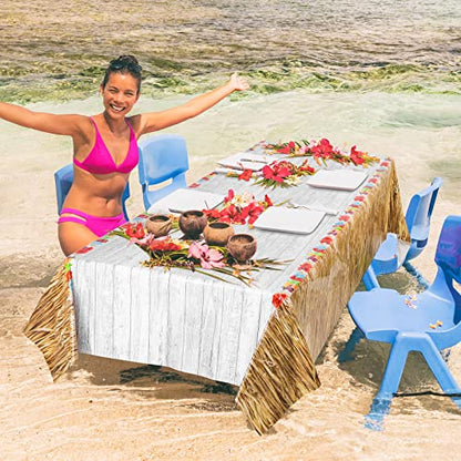 durony 2 Pack Hawaii Plastic Tablecloth Hawaiian Brown Grass Tablecloth Table Cover 54 x 108 Inches Waterproof Hawaii Flowers Tablecloth Table Cover for Hawaii Tropical Party Decorations - style: Brown Hawaiian