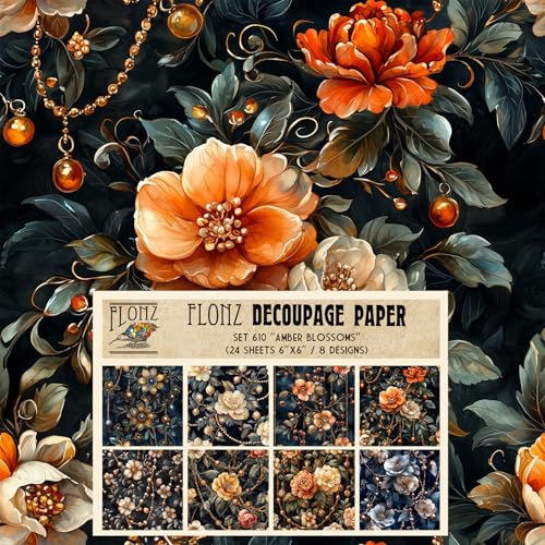 Decoupage Paper Pack (24 Sheets 6"x6") Amber Blossoms: Radiant Orange Flowers Enhanced with Luxurious Jewel Accents for Exquisite Craft and Design Applications # Vintage Styled Paper for Craft - color: ThirtySix