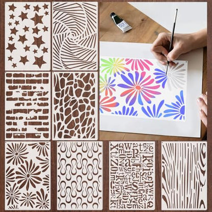 8PCS Large Stencils for Geometric Painting, Reusable Geometric Painting Stencils Abstract Layering Stencil for Painting on Wood Canvas Furniture Floor Decor DIY Supplies - style: Geometric 1
