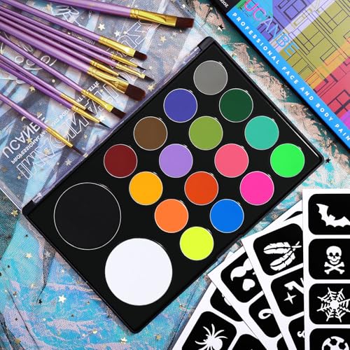 UCANBE Face Painting Kit for Kids & Adults -18 Colors Non-Toxic Water Based Face Body Paint Palette with Paint Brushes&Stencils, Professional Facepaint Set for Halloween SFX Makeup, Cosplay & Costume - color: Painting Palette Set