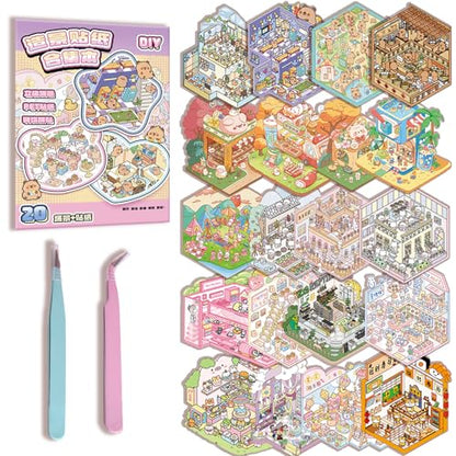 20 Sets DIY 3D Sticker Scene Collection Book – Create Your Own Miniature Shop House Stickers, Perfect for Stress Relief Creative Fun - color: Pink