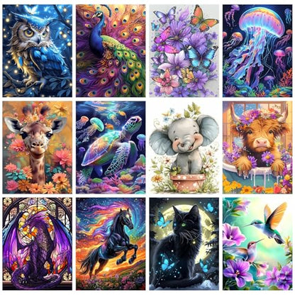 CraftCraze 12 Pack Animals Diamond Art Painting Kits for Adults - 5D Diamond Dots for Adults Beginner,DIY Round Full Drill Gem Art Painting by Numbers kit for Wall Decor Gifts 12x16 inch