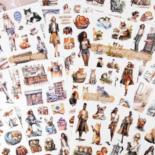 Dizdkizd Coffee and Pet Journaling Stickers for Women, 184 Die Cuts PET and Paper Scrapbook Sticker Kit, Cute Cats and Girl Sticker for Bullet Journals, Planners, Collage - color: Coffee