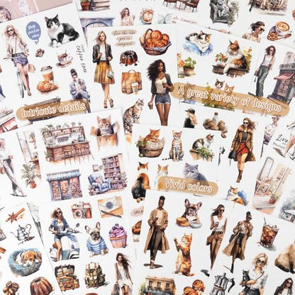 Dizdkizd Coffee and Pet Journaling Stickers for Women, 184 Die Cuts PET and Paper Scrapbook Sticker Kit, Cute Cats and Girl Sticker for Bullet Journals, Planners, Collage - color: Coffee
