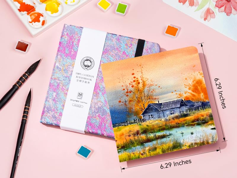 Lightwish Square Watercolor Journal,100% Cotton,300gsm/140lb,Acid-Free,24 Sheets Cold Press Watecolor Sketchbook for Artists Adults Students,6.29 * 6.29 Inches(Purple Sunset) - color: Purple Sunset