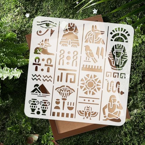 11.8"x11.8" Egyptian Wall Stencil Templates, Egyptian Hieroglyphs Reusable Plastic Stencils for Painting on Wood Floor Tile Fabric Glass Furniture Egyptian Writing DIY Home Decor Template - style: Egyptian