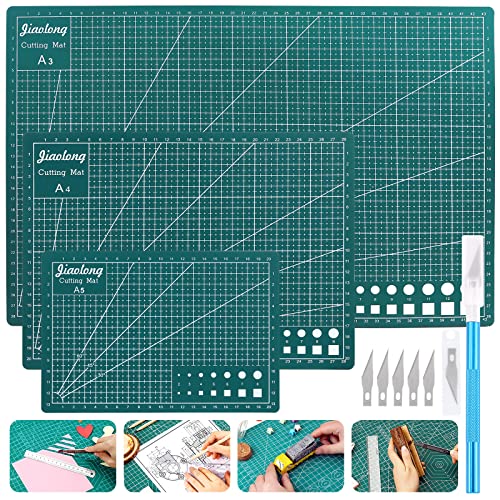 3Pcs A3 A4 A5 PVC Self Healing Cutting Mat with Precision Carving Knife, 5-Ply Double Sided Non-Slip Cutting Board Mat with Grid for Crafts Sewing Quilting Fabric（Green）
