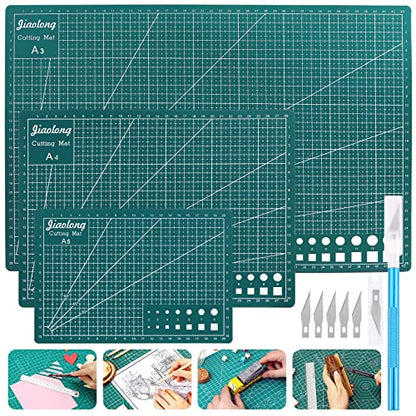 3Pcs A3 A4 A5 PVC Self Healing Cutting Mat with Precision Carving Knife, 5-Ply Double Sided Non-Slip Cutting Board Mat with Grid for Crafts Sewing Quilting Fabric（Green）