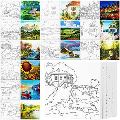 Teling 12 Pcs Pre Drawn Stretched Canvas Kit for Adults Painting Pre Printed Canvas Outline for DIY Painting Party Favor,6 x 6 x 0.6 Inches(Landscape) - style: Landscape