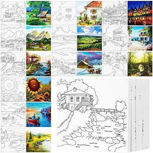 Teling 12 Pcs Pre Drawn Stretched Canvas Kit for Adults Painting Pre Printed Canvas Outline for DIY Painting Party Favor,6 x 6 x 0.6 Inches(Landscape) - style: Landscape