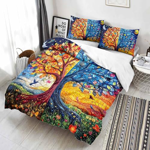 AILONEN Blue Gold Tree of Life Duvet Cover Set Queen,Sun and Moon Boho Bedding Set,3 Pieces Plant Tree Quilt Cover with 2 Pillowcases - color: S-tree of Life29, size: Queen