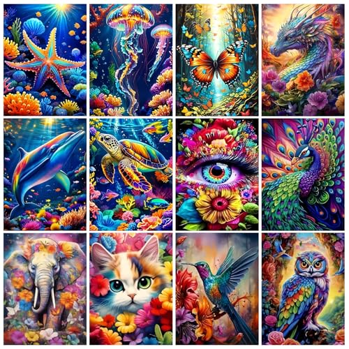 12 Pk Diamond Painting Kits for Adults,Bulk Diamond Art Kits Gem Art for Adults Multiple Pack,DIY Full Drill Animal Diamond Art Packs Bundles for Beginners, Home Wall Decor 12 x 16 Inch TYPE2 - color: TYPE2