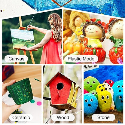 UPGREY 50 Colors Acrylic Paint Set, Non Toxic Art Paints (2fl Oz/60ml Each) With 5 Craft Paint Brushes, Metallic Acrylic Paints Kids Adults for Canvas Crafts Stone Wood Ceramic And Model Painting | 50 Vibrant Acrylic Colors,60mL Bottles,5 Brushes Included