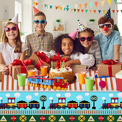 PHOGARY 2 Pack Train Tablecloths, Disposable Plastic Table Covers | Train Themed Tablecloth for Birthday Railroad Party Decorations