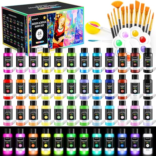 64 PCS Classic & Pastel & Metallic & Glow in the Dark Acrylic Paint Set, 48 | Colors Art Paint with 12 Brushes, 2 Knives & Palette, for Adults Artists Beginners, Canvas Ceramic Rocks Wood Painting Kit - color: Mixed Colors, size: 2 Fl Oz (Pack of 48)