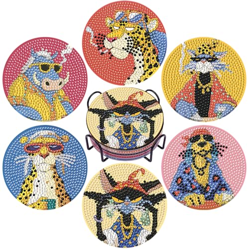 DOTSOPS 6 Pack Cat Diamond Painting Coasters Kits with Holder for Beginners - color: Ecat-a