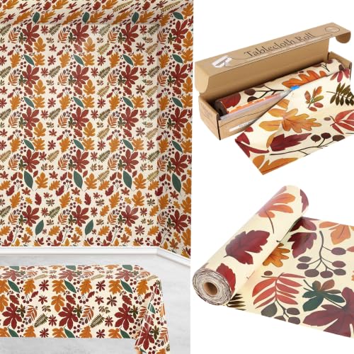 100FT x 54IN Thanksgiving Plastic Tablecloth Roll with Slide Cutter Box | Heavy Duty Disposable Fall Maple Leaf Table Cover Wall Backdrop, Harvest Pumpkin Table Cloth for Autumn Event Party Supplies - color: Brown Leaves, size: 1200" x 54" (Rectangular)