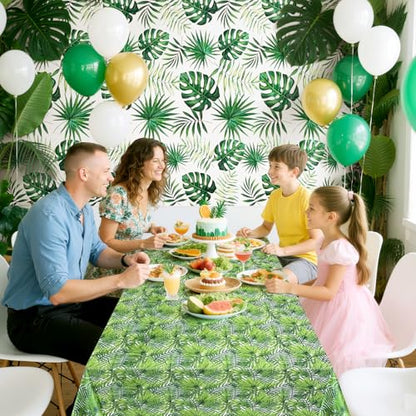 2 Pack Jungle Tablecloths, 54x108", Tropical Palm Leaf Party Decor | Two Coordinating Palm and Monstera Prints with Waterproof PE Protection for Jungle, Tiki, rainforest and tropical parties