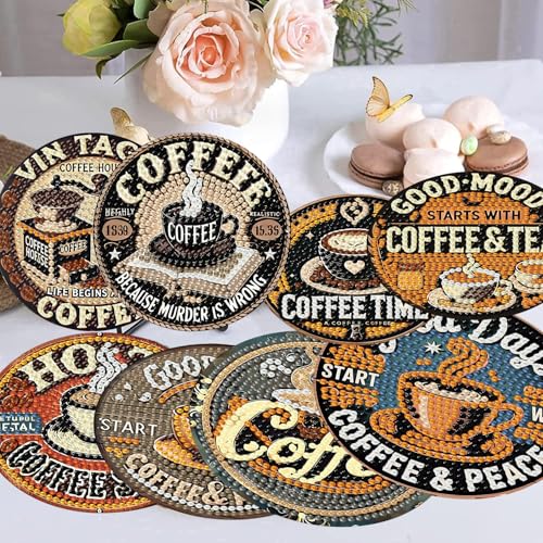 8Pcs Coffee Diamond Art Coasters Kits, Diamond Painting Coasters Kit | Coffee Diamond Art Painting Coasters Kits with Holder,DIY Diamond Art Coaster Kit for Beginners Adults Craft Supplies Gift - color: Inspirational Coffee