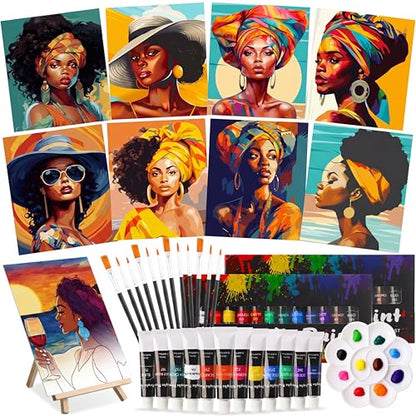 Cholemy 36 Pcs Paint and Sip Kit Gift for Adults 8''x10'',African Women | Pre Drawn Canvas, Painting DIY Afro Acrylic Painting Kit, Wood Easel Brushes, Date Night Bulk, Summer Halloween Party - style: African Women