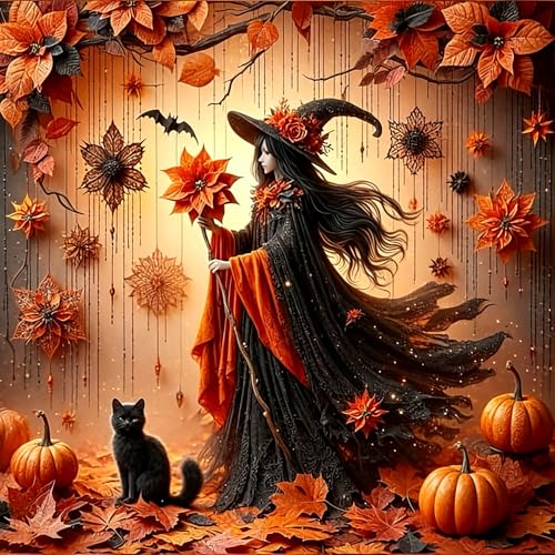 AWLNKMC Fall Witch Cat Pumpkin Diamond Art Painting Kits for Adults, Diamond Painting Kits for Adults Beginners, 5D DIY Full Drill Diamond Dot Gem Art Kits for Adult, Home Wall Decor 13.8x13.8 Inch - color: Fall Witch Pumpkin Cat