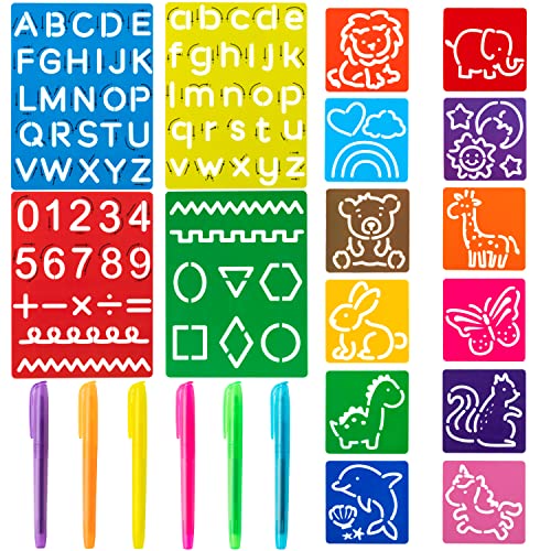 22Pcs Alphabet Tracing Stencil Set for Kids Drawing Stencils with Color Highlighter Letters Numbers and Cute Animal Pattern Paint Boards Learn Art Craft Classroom Rewards Birthday Gift
