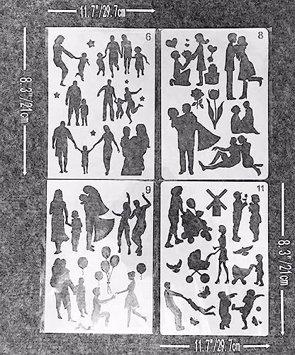 TIAMECH 4 Pcs A4 Reusable Family Stencils for Painting | Parents & Couple Lover Layering Templates, DIY Wall Art, Wood Furniture, Scrapbook & Crafts (8.3x11.7inch) - style: Family